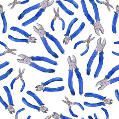 Seamless pattern with blue pliers on white background. Hand drawn watercolor and ink illustration.