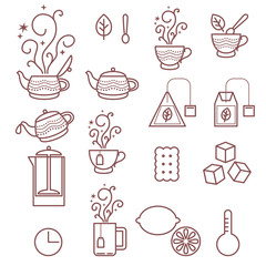 Set of Tea Vector Line Icons. Contains such Icons as Cup of Tea, Teabags, Green Tea Leaves, Sugar Cubes, teapot, tea bag. Preparation. Hot drink. Brewing. Vector icons set