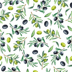 Naklejki  Wzór z świeżych zielonych i ciemnych gałązek oliwnych na białym tle. Ręcznie rysowane akwarela ilustracja.