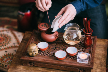 Traditional chinese oolong tea ceremony process closeup