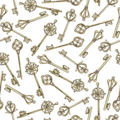 Seamless pattern with vintage golden keys on white background. Hand drawn watercolor illustration.