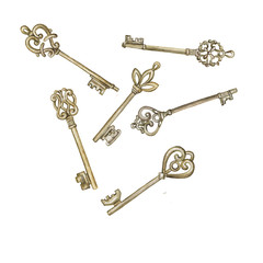 Vintage golden keys set isolated on white background. Hand drawn watercolor illustration.