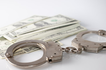 handcuffs sitting on top of US paper currency