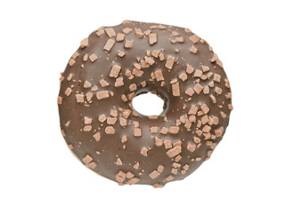 Donut with chocolate icing, close-up. Isolated on a white background, top view