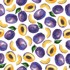 Seamless pattern with violet plums on white background. Hand drawn watercolor illustration.