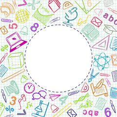 Pattern with school elements. Round frame for the design of school photo albums, books, presentations and posters. Hand drawn vector school icons on cell background. Back to school.