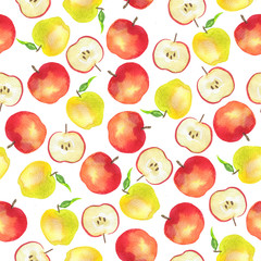 Seamless pattern with yellow and red apples on white background. Hand drawn watercolor illustration.