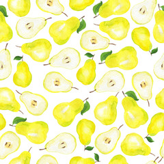 Seamless pattern with yellow pears and green leaves on white background. Hand drawn watercolor illustration.
