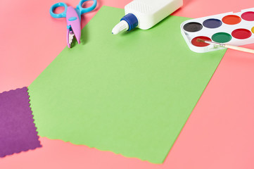 Different accessories for craft on pink background. Concept of handmade, leisure or preschool...