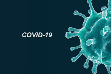 Half coronovirus cell with text COVID-19, closeup illustration