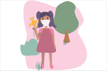 raster illustration of a little girl in a protective medical mask.  Quarantine isolation.
