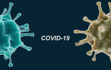 Half coronovirus cell with text COVID-19