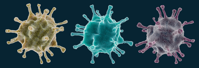 Three coronovirus cells of different colors