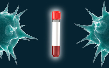 Half coronovirus cell with blood test tube