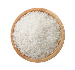 Rice in a wooden bowl isolated.