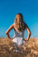 Obraz premium Rear view of a young blond woman in a white dress in a wheat field against a blue sky. Woman stands with hands on the waist with elbows to the sides. Bride in a golden wheat field. She was offended