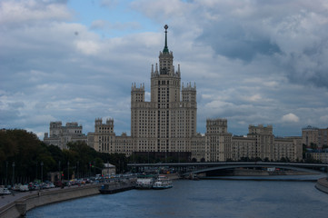 The cityscape is a view of summer Moscow. City, buildings, houses, architecture, Gothic.