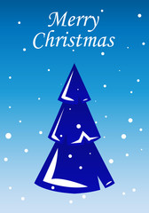 Christmas greeting card, poster with christmas tree. Snowy weather. Blue and white colors