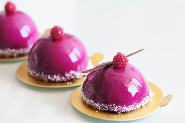 Blueberry mousse pastry dessert with decoration copy space