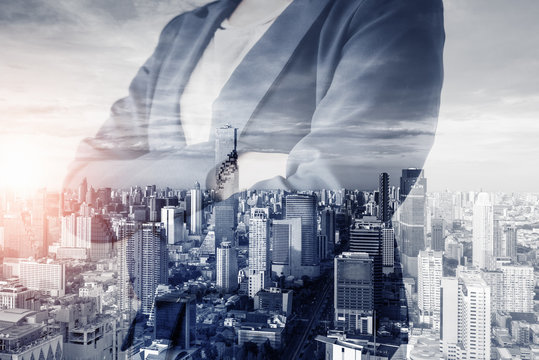 Business Real Estate and Commercial Building Service, Double Exposure Images of Business Woman Standing Arm Crossed With City Background. Business Property Buildings and Financial Estate Investment
