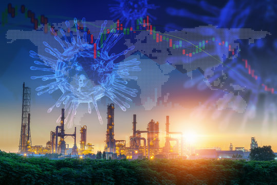 Coronavirus Impact Influence Oil And Gas Industry, Covid 19 Disease Epidemic Effect To Oil Refinery Industrial And Stock Exchange. Falling Stock Market Risk Investment From Coronavirus Crisis