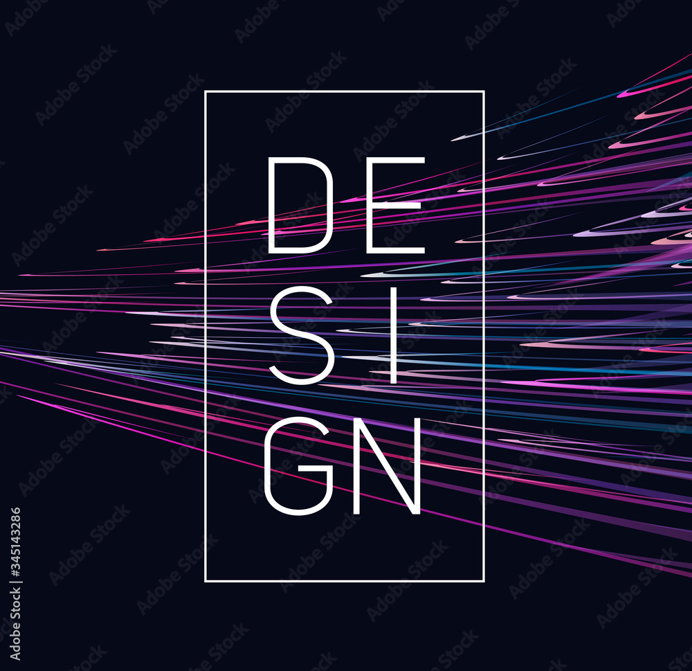 Poster design poster or card with big typography in frame and abstract futuristic lines on dark backdrop, b