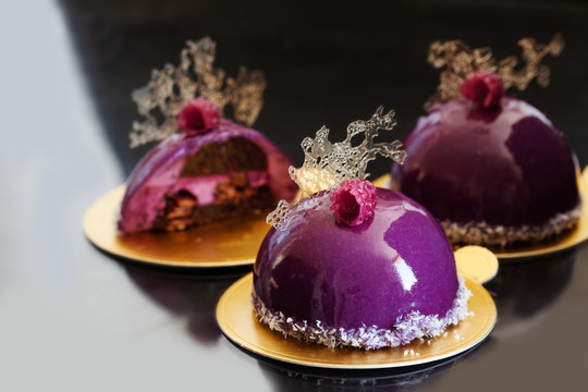 Blueberry mousse pastry dessert with decoration copy space