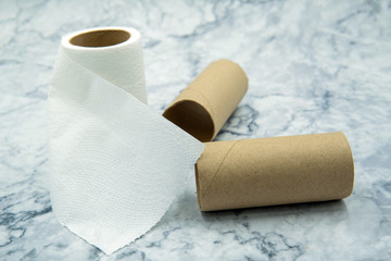 Toilet paper roll and paper tubes on background.