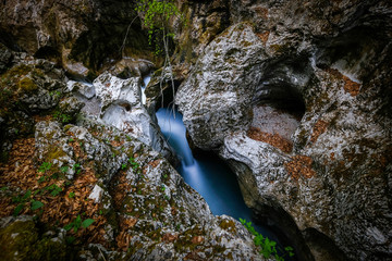 Beautiful Mostnica gorge with green water near Bohinj
