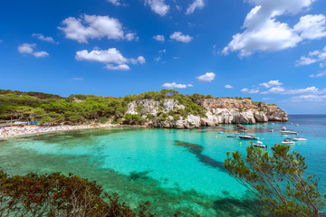 Panoramic view of the most beautiful beach Cala Macarella of Menorca island, Balearic islands, Spain