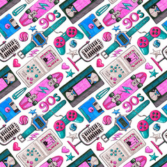 Seamless texture (pattern) with cassettes, recorder, bike, cap and roller skates from 90s
