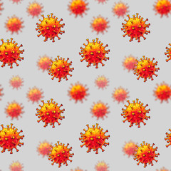 Hand drawn cartoonish coronavirus COVID-19 seamless pattern (texture) on grey background