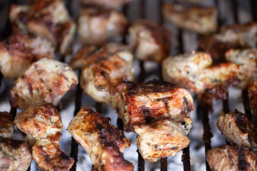 Homemade barbecue in nature. Roasting meat on a grid.