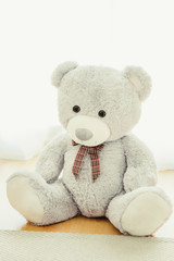 Large gray teddy bear sitting on the ground, lit by a large window behind him