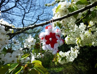 Branch of blossoming cherry tree with a handmade Martisor, it is a Romanian traditional symbol of...
