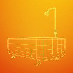 Bath tub with legs and shower. Sanitary concept. Wireframe low poly mesh vector illustration.