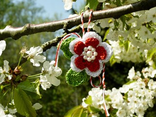 Branch of blossoming cherry tree with a handmade Martisor, it is a Romanian traditional symbol of...