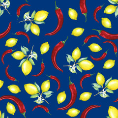 Obraz na płótnie Canvas lemons and chili peper seamless pattern