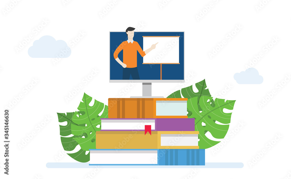 Poster e-learning or online class concept education with instructor teaching on monitor screen in book stac