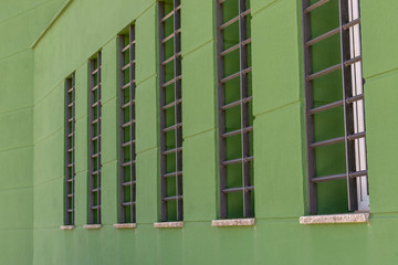 green windows on a building