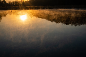 sunrise over the lake with tree reflection and beautiful fog