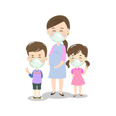 Cartoon Mother and Kids wearing Mask Vector 