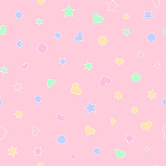 Seamless scrapbook pattern. Dots, hearts and stars on pink background. Simple repeat ornament. Vector illustration