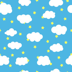 Seamless clouds with yellow star on blue background. Floating clouds. Vector illustration