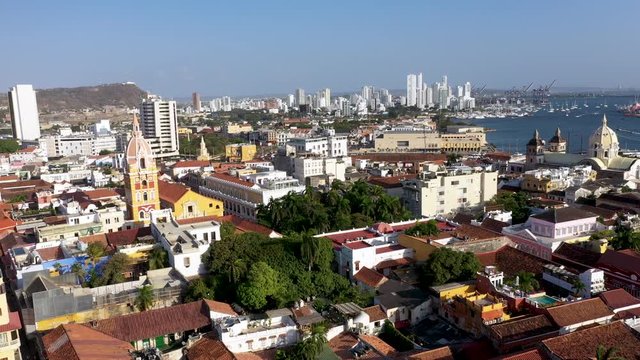 Aerial Drone Shot of Cartagena de Indias, cityscape in old city, historic district. Colombia, South America