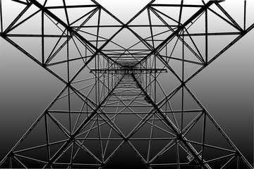 Transmission tower bottom view. Electricity pylon structure for power line. High voltage post...