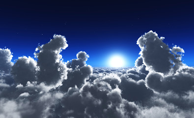 Naklejka na ściany i meble Moonrise among the clouds, lunar landscape above the clouds, 3D rendering