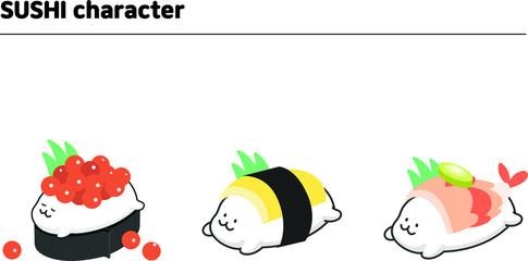 sushi with flying fish, egg roll, shrimp