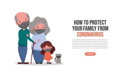 Family wearing protective Medical mask for preventing Corona virus Covid-19. Grandparents, granddaughter and cat on isolated background. Protect the family.  Vector flat cartoon illustration. 