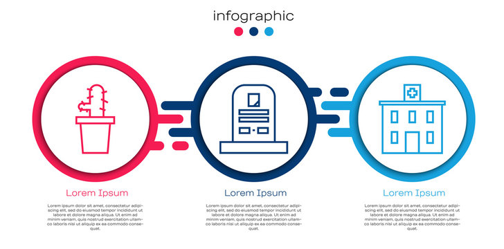 Set line Cactus peyote in pot, Tombstone with RIP written and Medical hospital building. Business infographic template. Vector